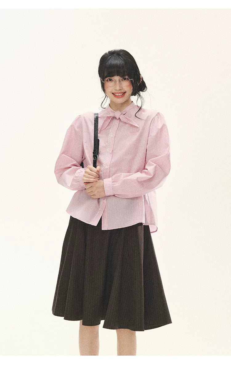"Blush Poetry" Pink Stripe Cotton Bow Blouse