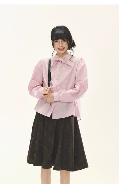 "Blush Poetry" Pink Stripe Cotton Bow Blouse