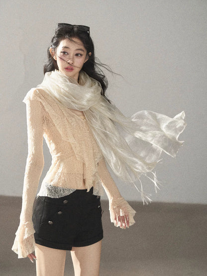 AOMALM - 100% Silk Sheer Fringe Scarf