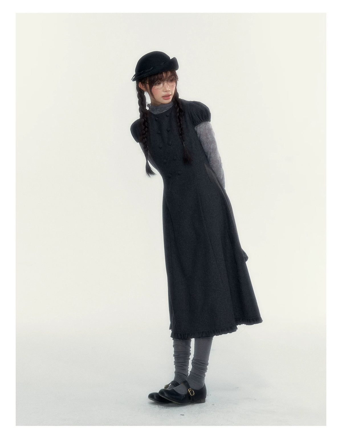 Vintage Double-Breasted Wool Dress & Knit Fringe Cape Set