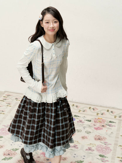 [RF] Blue & Brown Plaid Midi Skirt with Floral Buttons & Ruffle Trim