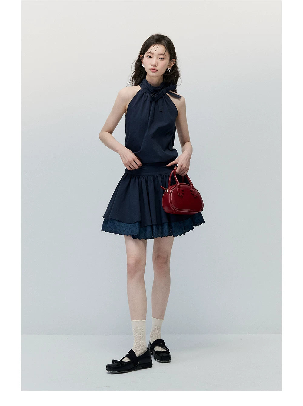 Navy Blue Bow-Tie Halter Dress with Double-Layer Lace Hem