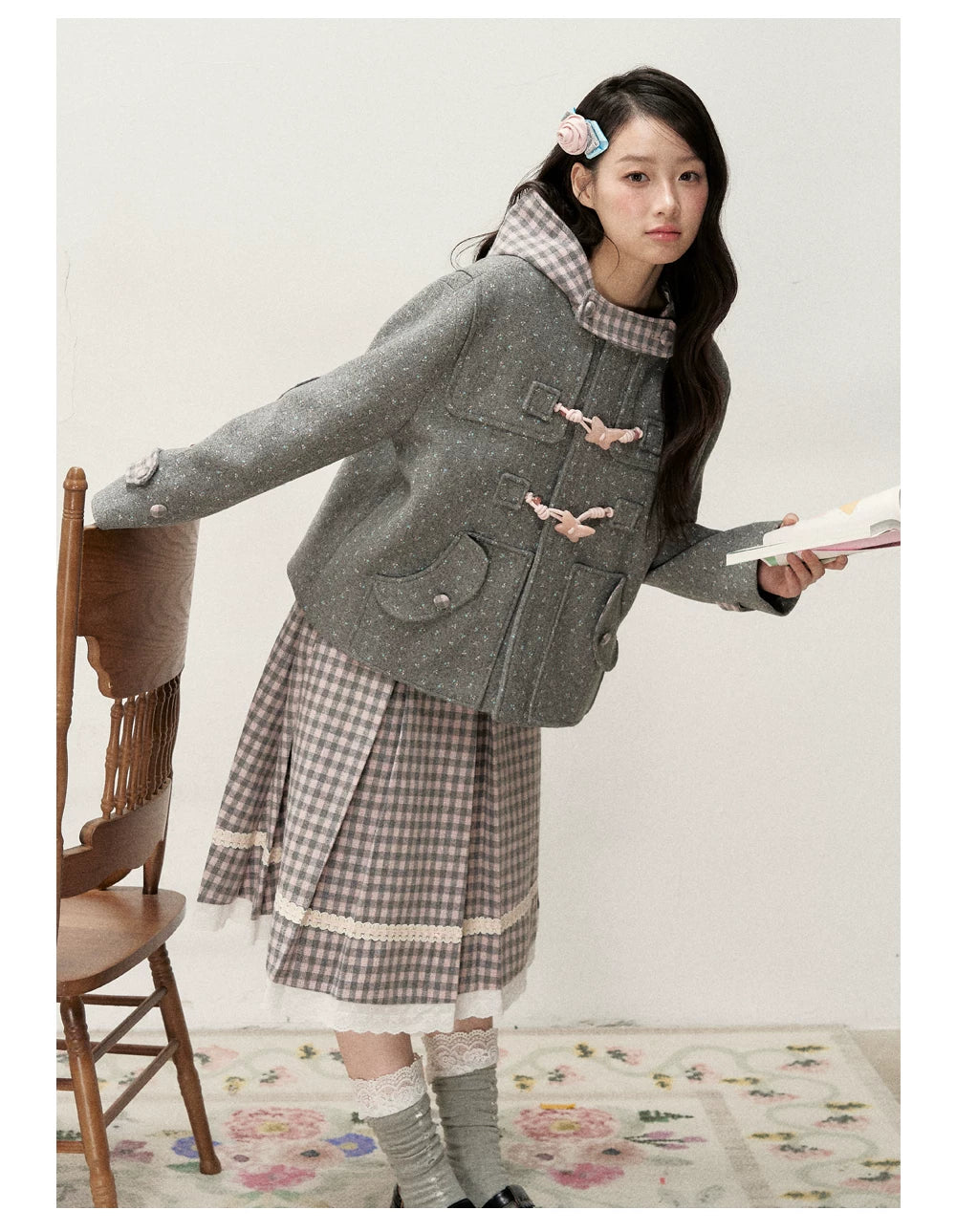 [RF] Floral Heather Gray Pink Plaid-Trim Hooded Duffle Coat