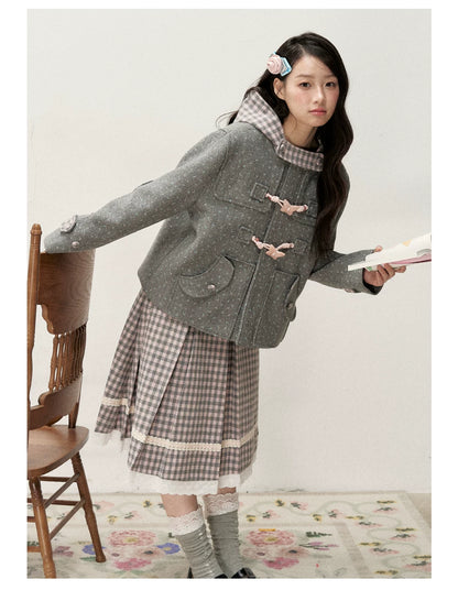 [RF] Floral Heather Gray Pink Plaid-Trim Hooded Duffle Coat
