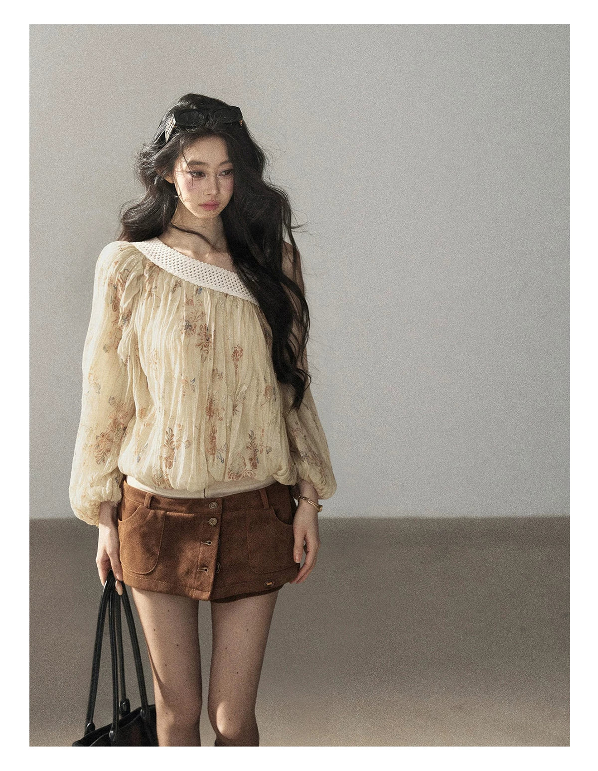 AOMALM - "Laurel's Sigh" Amber Yellow French-Inspired Asymmetrical Shoulder Floral Chiffon Blouse