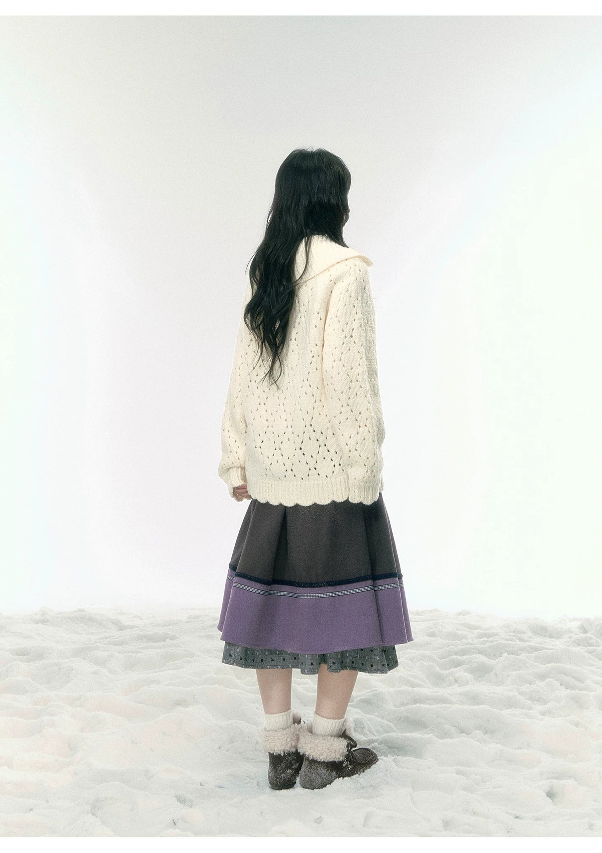 JOVYLLE - Chunky Wool-Blend Knit Cardigan (Berry Purple / Cream Ivory)