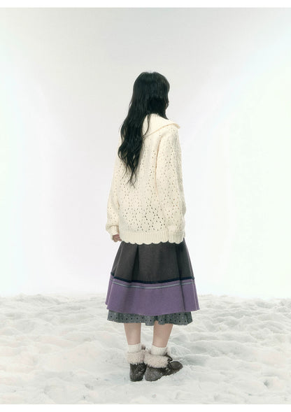JOVYLLE - Chunky Wool-Blend Knit Cardigan (Berry Purple / Cream Ivory)