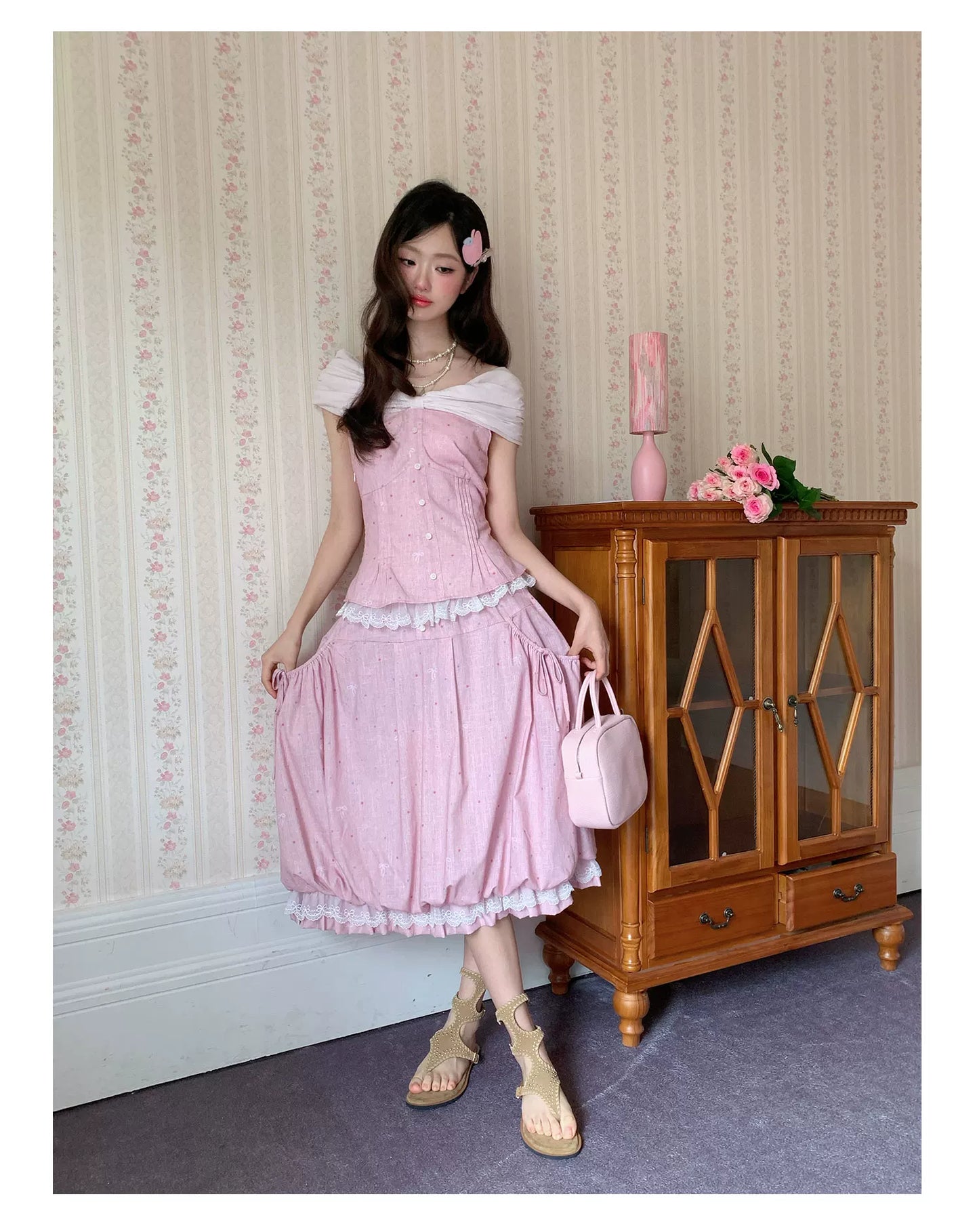 “Peach Mist Starlit Meadow” Pink Off-Shoulder Skirt Set