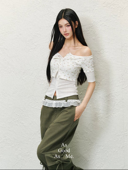 Layered Off-Shoulder Contrast Lyocell Knit Top (Floral White Contrast/ Red & White Stripe/ Gray Blue Contrast)