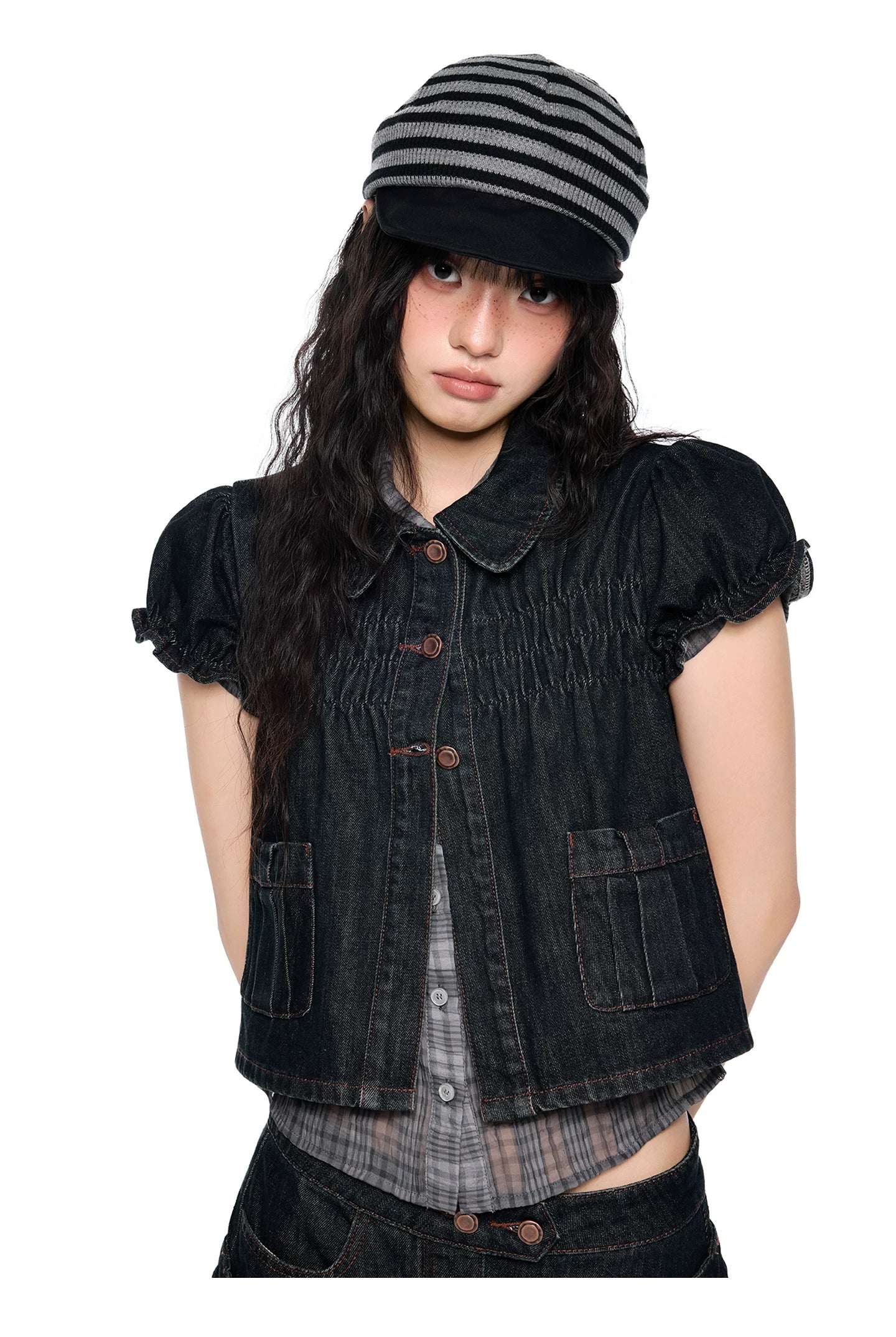 Vintage Peter Pan Collar Puff Sleeve Denim Set