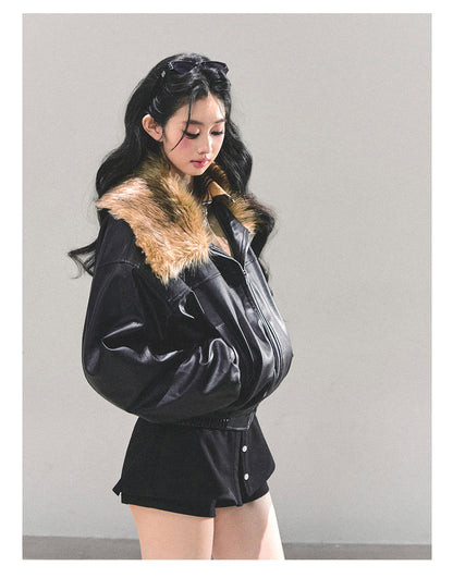 少也眼 "Whispers of a Snowy Night" Quilted PU Leather Jacket 54634864