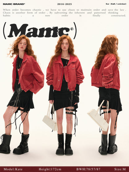 MAMC - Red Cropped Utility Jacket with Stand Collar WE734
