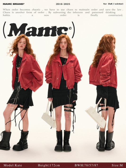 MAMC - Red Cropped Utility Jacket with Stand Collar WE734