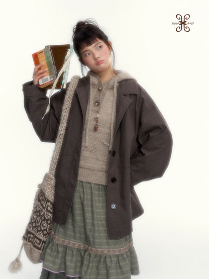 Dark Coffee Brown Washed Cotton Utility Jacket