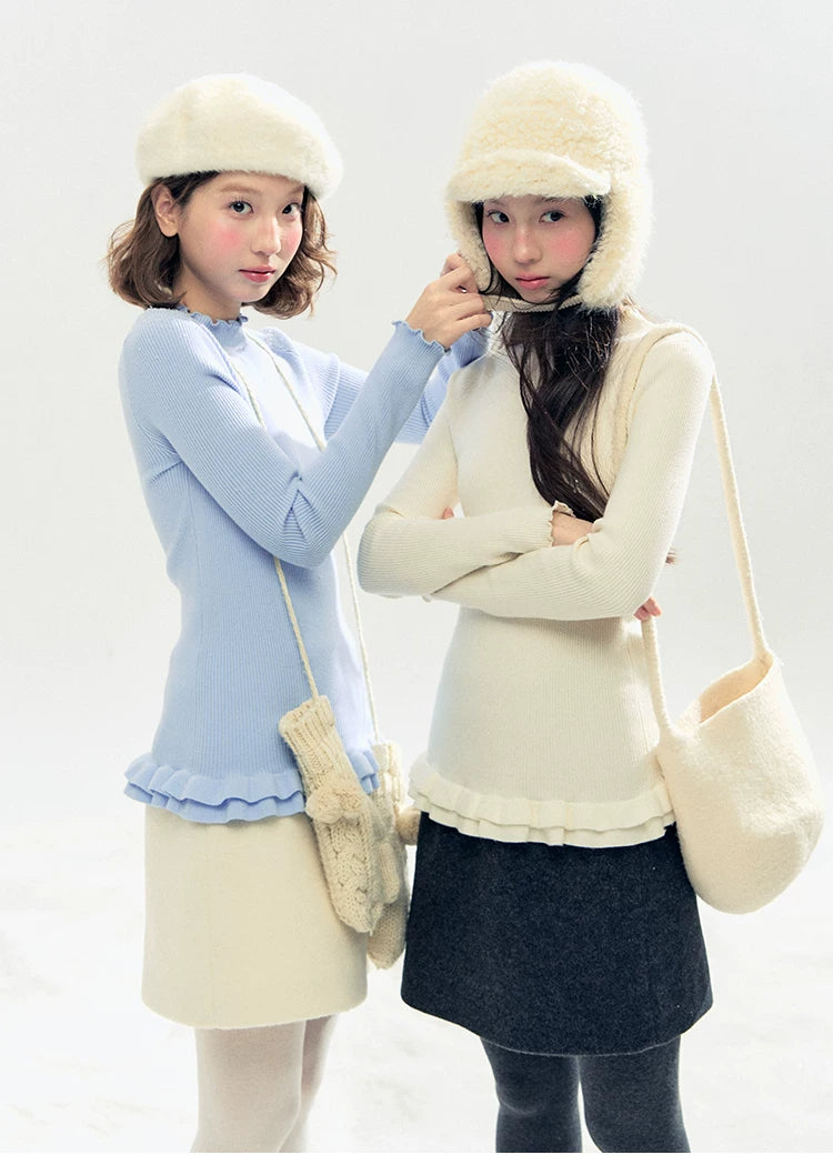 "Morning Mist" A-Line Wool-Blend Mini Skirt (Mist Gray/ Cream Beige)