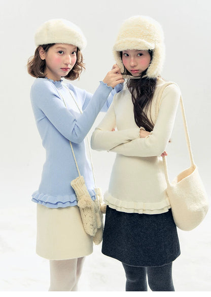 "Morning Mist" A-Line Wool-Blend Mini Skirt (Mist Gray/ Cream Beige)