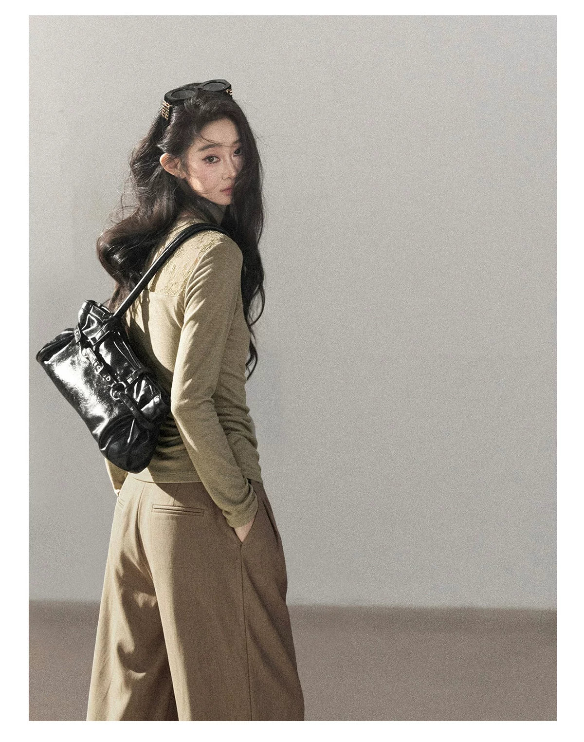 AOMALM - Milk Tea Lace-Panel Fitted Knit Long Sleeve Top
