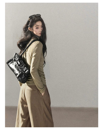 AOMALM - Milk Tea Lace-Panel Fitted Knit Long Sleeve Top