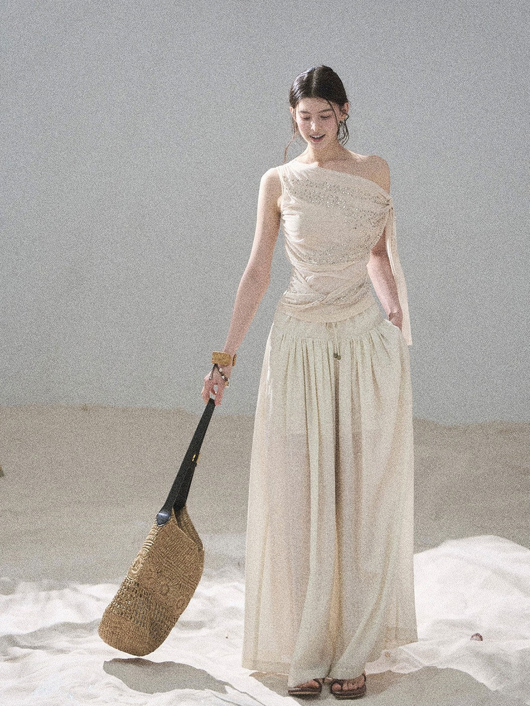 “Frosted Kiss” Milk Tea Tailored Wide-Leg Pants