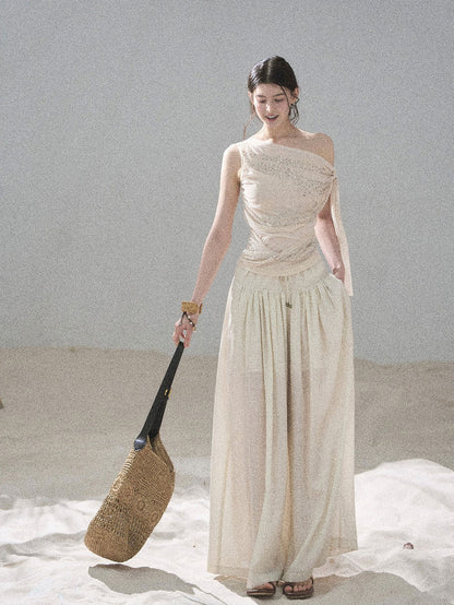 “Frosted Kiss” Milk Tea Tailored Wide-Leg Pants