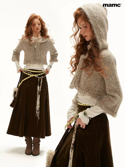 MAMC - Khaki Textured Hooded Knit Sweater with Flare Sleeves
