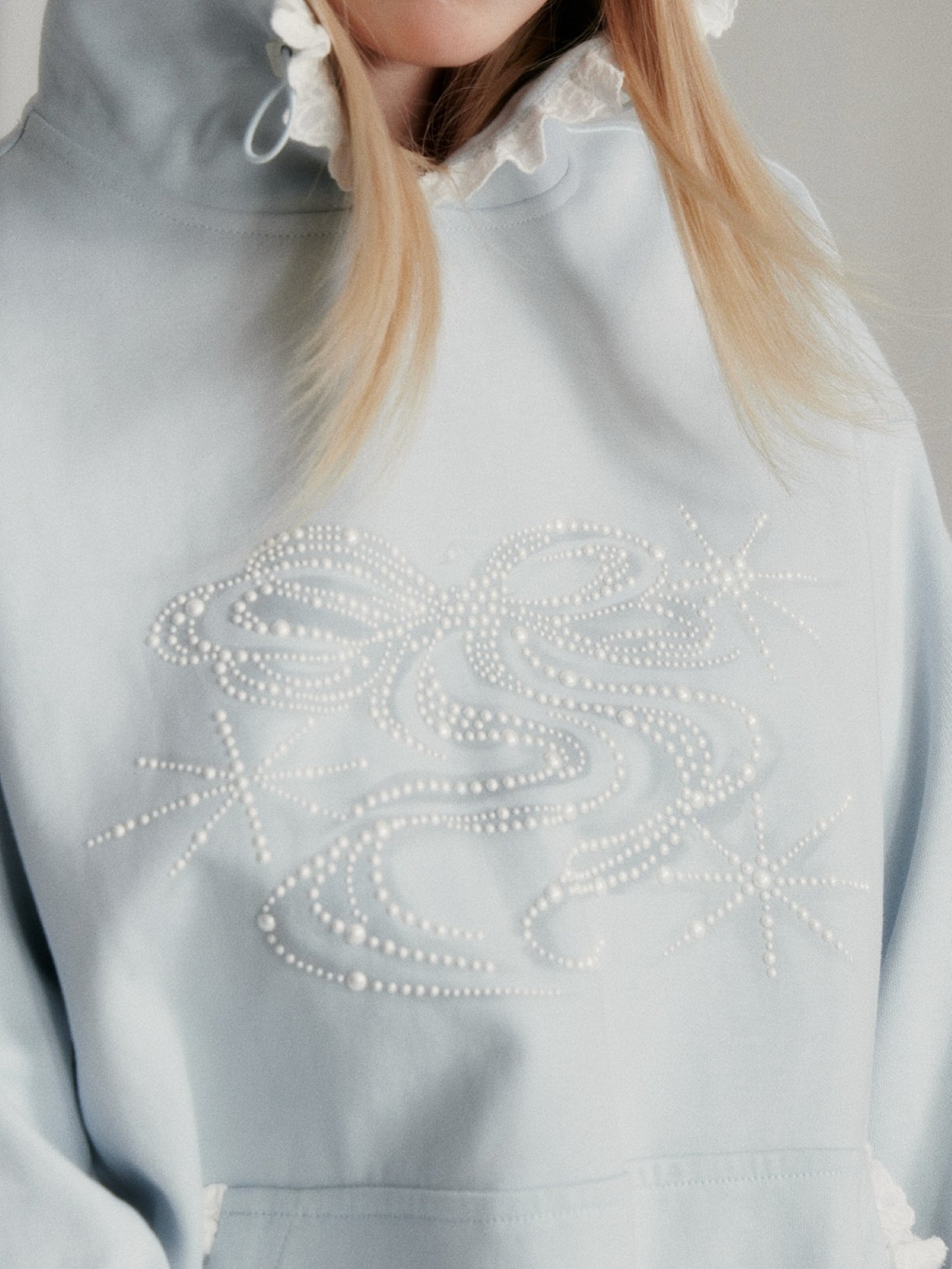 “Island Shell Blue” Pearl-Embellished Lace-Trim Hoodie 2416