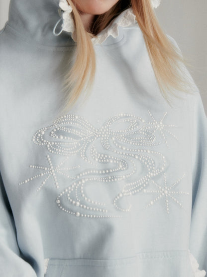 “Island Shell Blue” Pearl-Embellished Lace-Trim Hoodie 2416