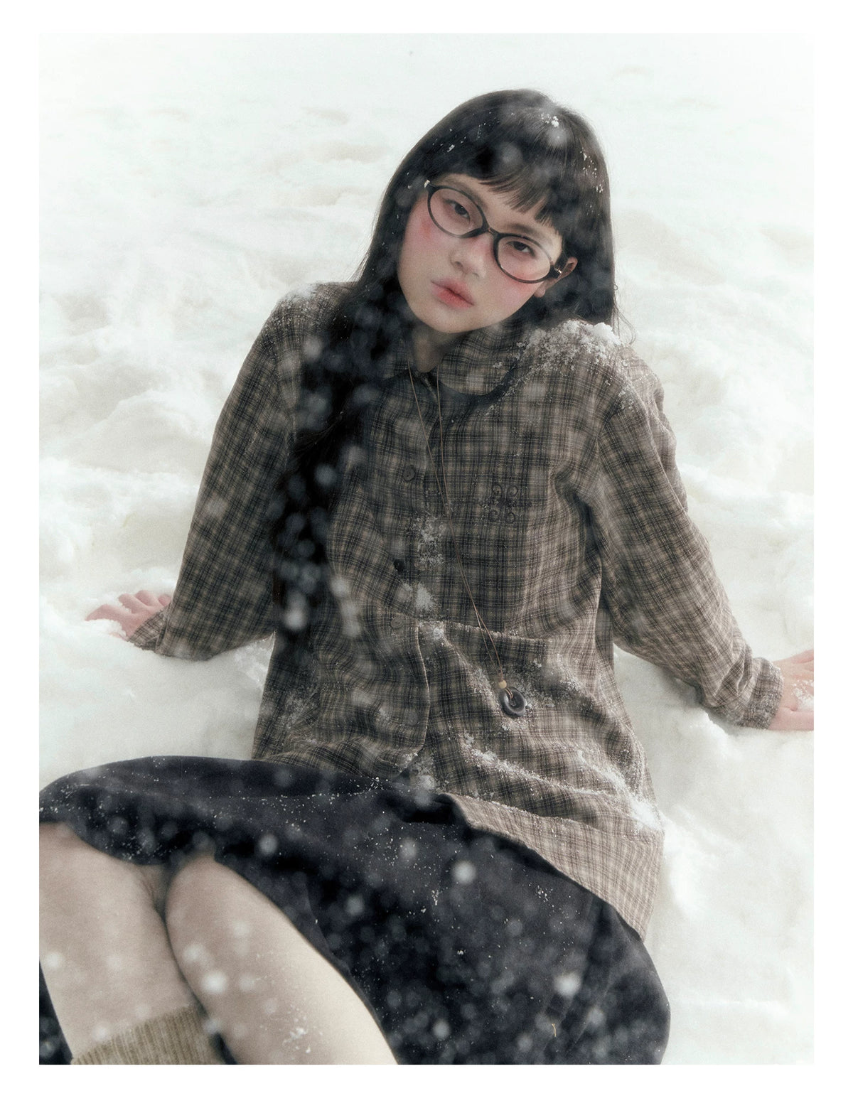 Horridale - Brown Khaki Plaid Embroidered Peter Pan Collar Shirt