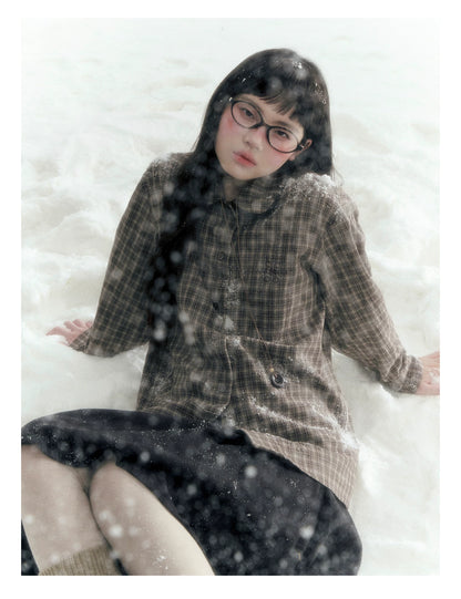 Horridale - Brown Khaki Plaid Embroidered Peter Pan Collar Shirt