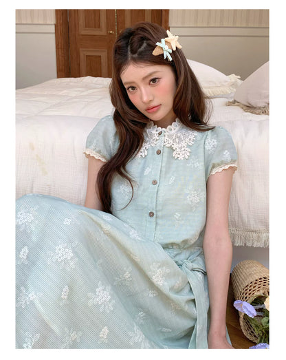 “Sage Meadow Reverie” Sage Green Embroidered Shirt Dress