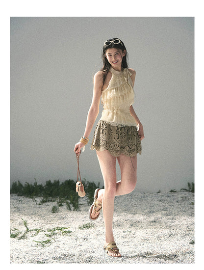 “Spring Traces in Tulle” Pale Butter Lace Halter Top