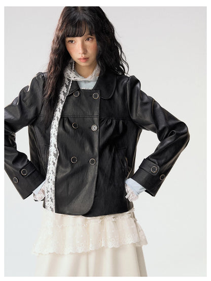 [CAN] "Midnight Sweetheart" Black Bow Pocket Doll Collar Faux Leather Jacket