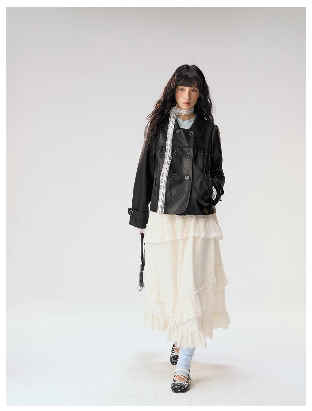 [CAN] "Midnight Sweetheart" Black Bow Pocket Doll Collar Faux Leather Jacket