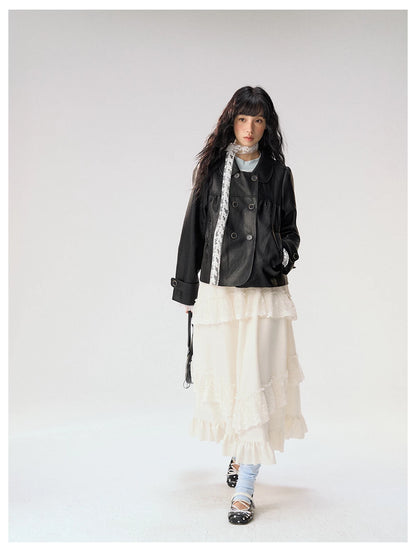 [CAN] "Midnight Sweetheart" Black Bow Pocket Doll Collar Faux Leather Jacket