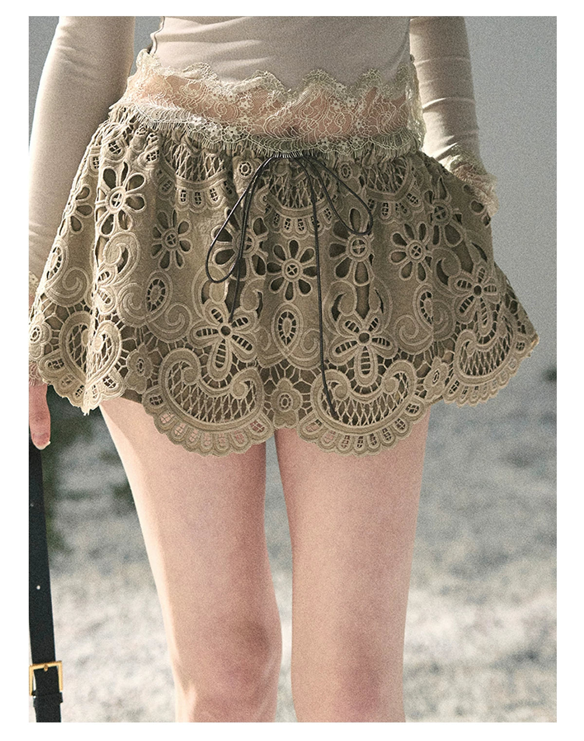 “Lost in Your Embrace” Roasted Pecan Lace Puff Skort