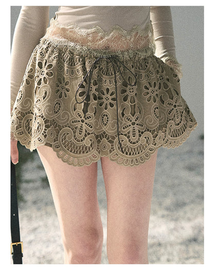 “Lost in Your Embrace” Roasted Pecan Lace Puff Skort