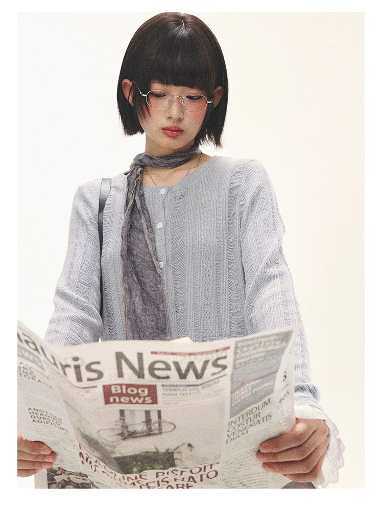"Wisteria Whisper" Open-Knit Lace Tie Cardigan (Wisteria/ Ivory)