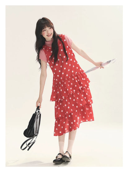 "Polka Dot Layers" Red Polka Dot Tiered A-Line Maxi Cami Dress