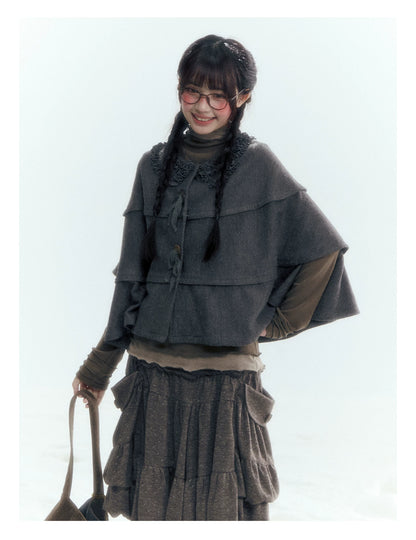 Horridale - Warm Charcoal Gray Knit Cape Poncho with Ruffle Collar