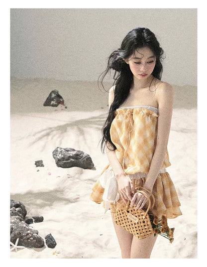 "Breeze Upon the Waves" Cheese Yellow Off-Shoulder Diamond Quilted Mini Dress