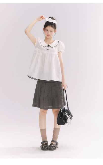 “Misty Texture” Gray Plaid Trim Embroidered A-Line Skirt