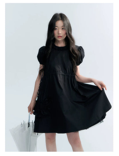 "Puff Doll Dress" Ruffle Trim Puff Sleeve Cotton A-Line Dress (White/ Black)
