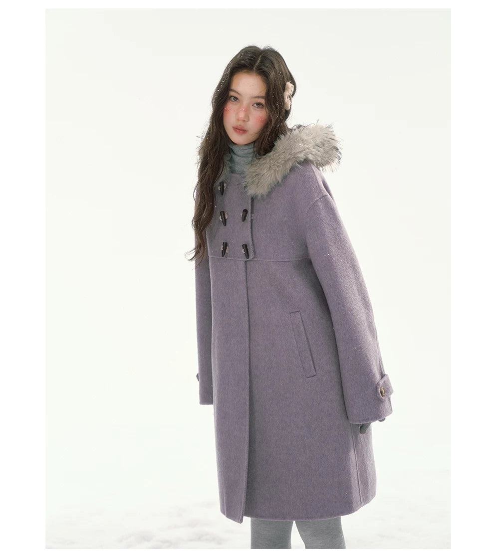 CANSTORE - "Wisteria Isle Lavender" Wool-Blend Hooded Coat with Detachable Faux Fur Collar