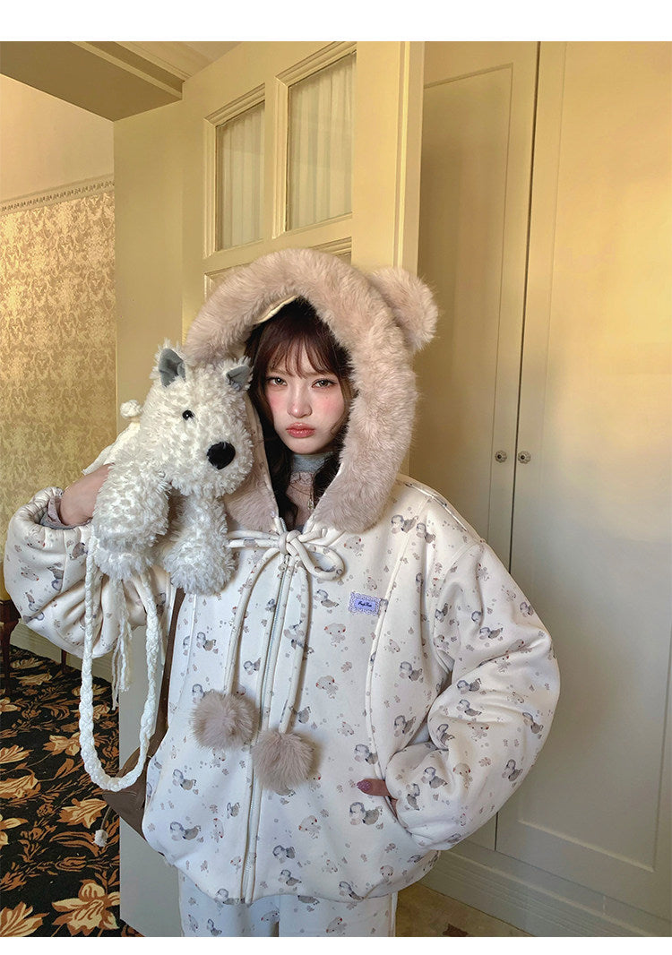 阮阮自制 - Honey Bear Ivory Plush Padded Jacket & Fleece Pants Set