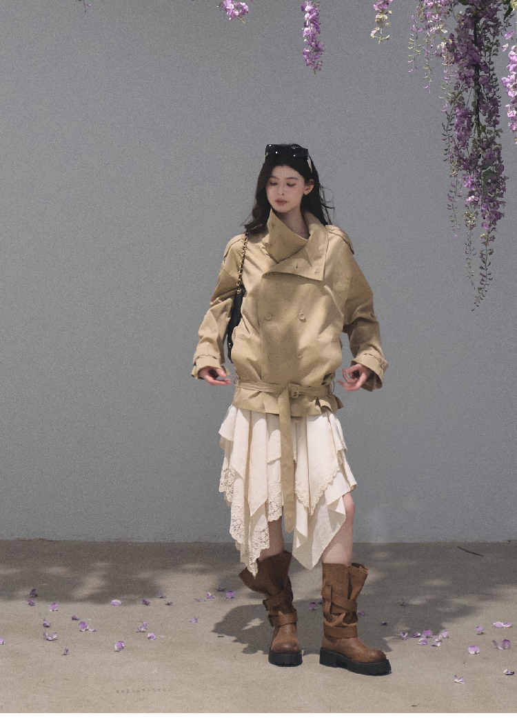 OAKMOO/ Belted Double-Breasted Trench Jacket (Deep Black / Hazel Khaki)