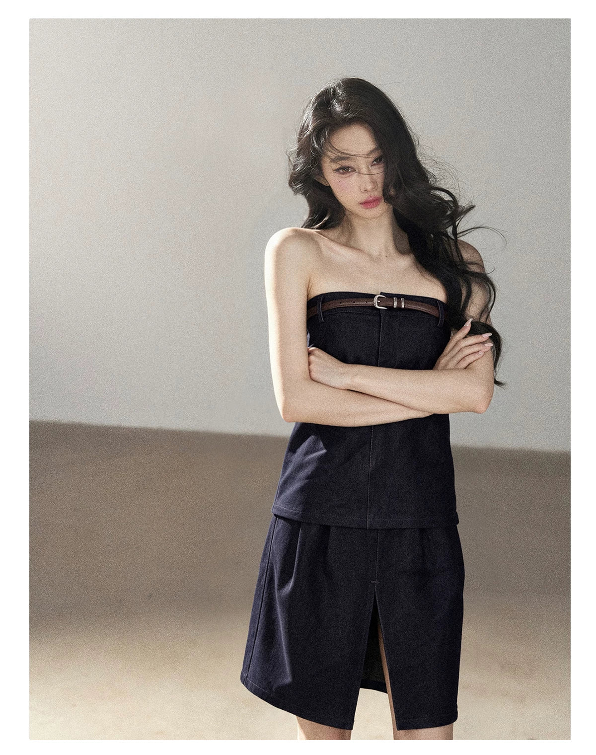 AOMALM - "Bluebell in Suspension" Navy Blue Korean Denim-Inspired 2-Piece Skirt Set