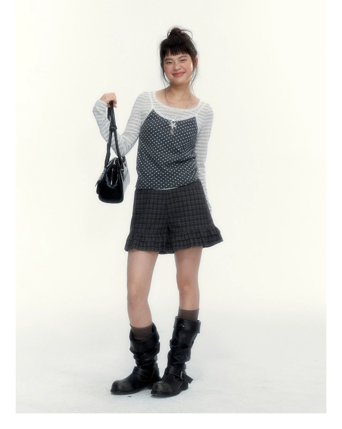 “Early Gray” Light Gray Striped Lace-Trimmed Fitted Long-Sleeve Top