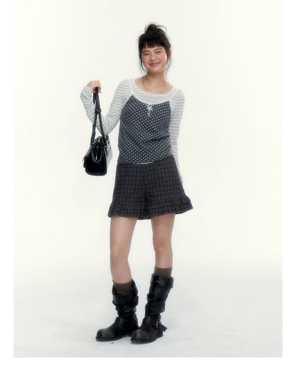 “Early Gray” Light Gray Striped Lace-Trimmed Fitted Long-Sleeve Top