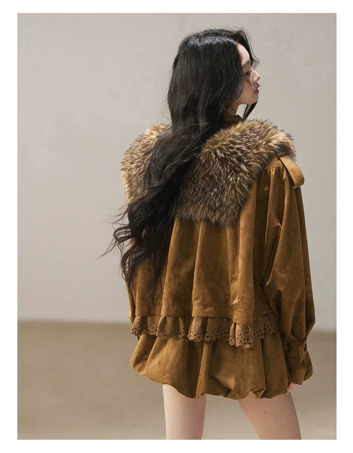 AOMALM - “Velvet Collar in the Evening Breeze” Chestnut Brown Faux Fur Shawl