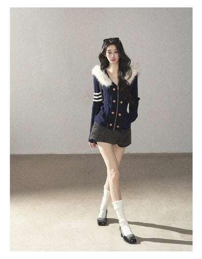 AOMALM - Blue Hooded Cable-Knit Sweater Jacket with White Stripes